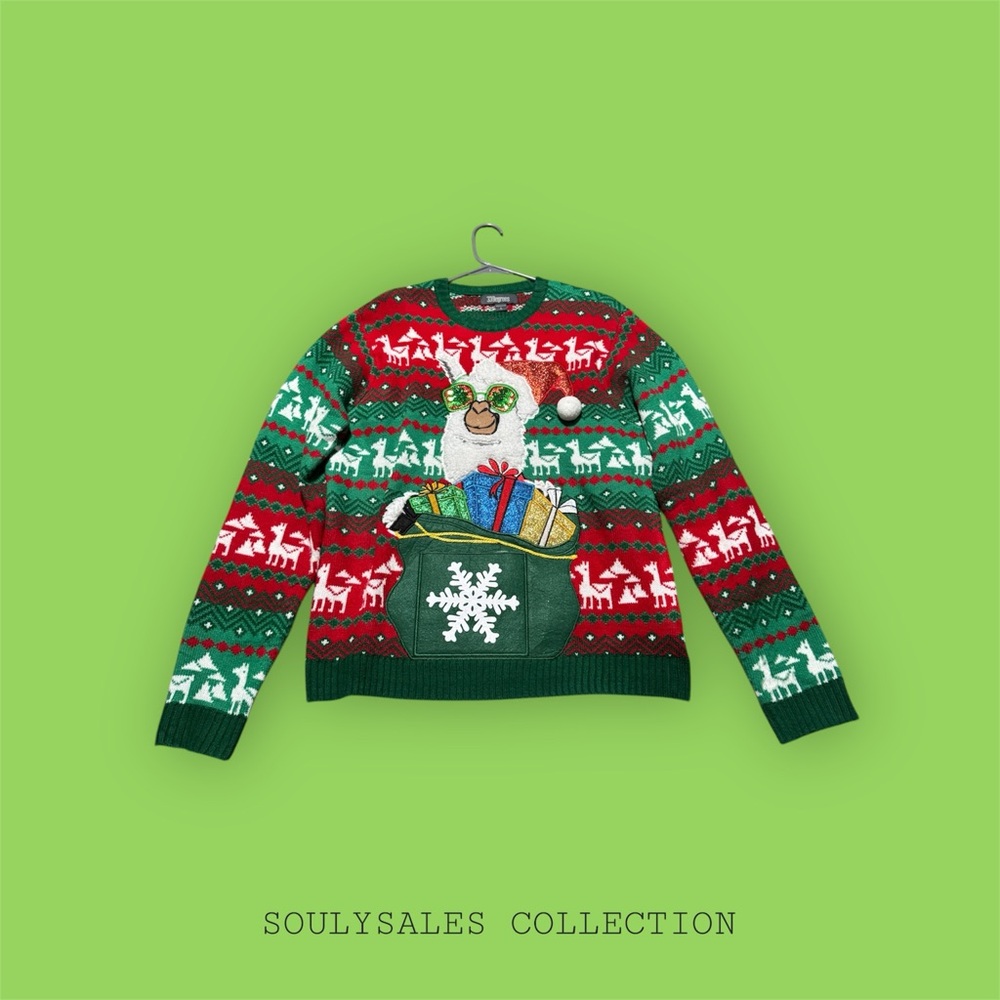 33 Degrees Christmas Llama Sweater Large Red Green